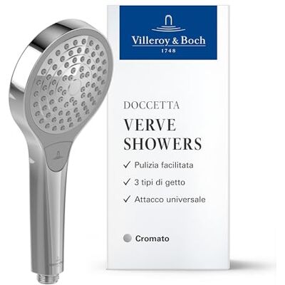 Villeroy & Boch Verve Showers Soffione Doccia, doccetta con 3 tipi di getto commutabili con un pulsante, EasyClean, risparmio idrico, antiriflusso – cromato Villeroy & Boch Verve Showers Soffione Doccia, doccetta con 3 tipi di getto commutabili con un pulsante, EasyClean, risparmio idrico, antiriflusso – cromato