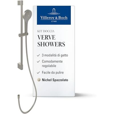 Villeroy & Boch Verve Showers set doccia, set doccia con supporto doccetta regolabile e doccetta con 3 tipologie di getto, sistema doccia con soffione rotondo, nichel spazzolato opaco Villeroy & Boch Verve Showers set doccia, set doccia con supporto doccetta regolabile e doccetta con 3 tipologie di getto, sistema doccia con soffione rotondo, nichel spazzolato opaco