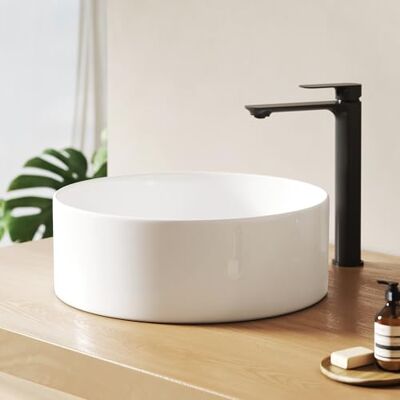 EMKE Lavabo rotondo da 35,2 x 35,2 x 11,2 cm, in ceramica, grande volume, per bagno e WC degli ospiti, senza foro per rubinetto, bianco EMKE Lavabo rotondo da 35,2 x 35,2 x 11,2 cm, in ceramica, grande volume, per bagno e WC degli ospiti, senza foro per rubinetto, bianco