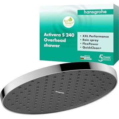 Hansgrohe Activera S Soffione doccia a risparmio idrico 6 l/min (EcoSmart+), Doccia a pioggia rotondo (240 x 240 mm) con 1 getto per montaggio a parete/soffitto, cromo, Hansgrohe Activera S Soffione doccia a risparmio idrico 6 l/min (EcoSmart+), Doccia a pioggia rotondo (240 x 240 mm) con 1 getto per montaggio a parete/soffitto, cromo,