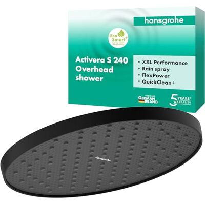 Hansgrohe Activera S Soffione doccia a risparmio idrico 6 l/min (EcoSmart+), Doccia a pioggia rotondo (240 x 240 mm) con 1 getto per montaggio a parete/soffitto, nero opaco, Hansgrohe Activera S Soffione doccia a risparmio idrico 6 l/min (EcoSmart+), Doccia a pioggia rotondo (240 x 240 mm) con 1 getto per montaggio a parete/soffitto, nero opaco,