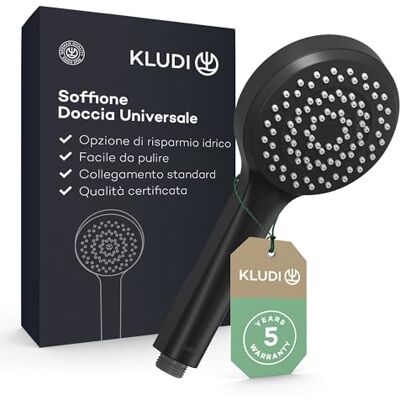 Kludi -X1 Soffione doccia universale a risparmio idrico come opzione, doccino per doccia con 1 tipo di getto, soffione facile da pulire Ø 10,7 cm, doccia soffione nero opaco Kludi -X1 Soffione doccia universale a risparmio idrico come opzione, doccino per doccia con 1 tipo di getto, soffione facile da pulire Ø 10,7 cm, doccia soffione nero opaco