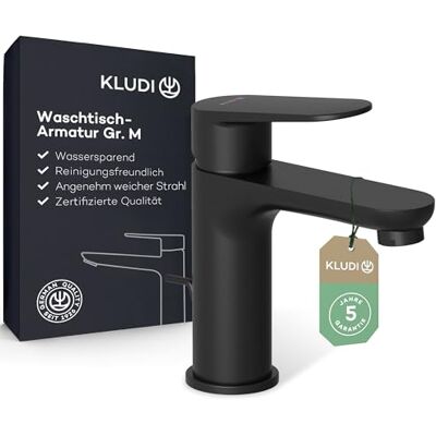 Kludi X1 rubinetto per lavabo con scarico a tirante, altezza del beccuccio 95 mm, rubinetto a risparmio acqua, colore nero opaco, taglia M, cartuccia in ceramica, miscelatore lavabo con tubi di Kludi X1 rubinetto per lavabo con scarico a tirante, altezza del beccuccio 95 mm, rubinetto a risparmio acqua, colore nero opaco, taglia M, cartuccia in ceramica, miscelatore lavabo con tubi di