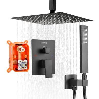 VEVOR Sistema Doccia a Pioggia per Bagno con Soffione Quadrato 254 mm e Doccetta, Set di Rubinetti da Doccia a Soffitto, con Valvola in Ottone e Kit di Finitura, Rubinetto Doccia, Nero Opaco VEVOR Sistema Doccia a Pioggia per Bagno con Soffione Quadrato 254 mm e Doccetta, Set di Rubinetti da Doccia a Soffitto, con Valvola in Ottone e Kit di Finitura, Rubinetto Doccia, Nero Opaco