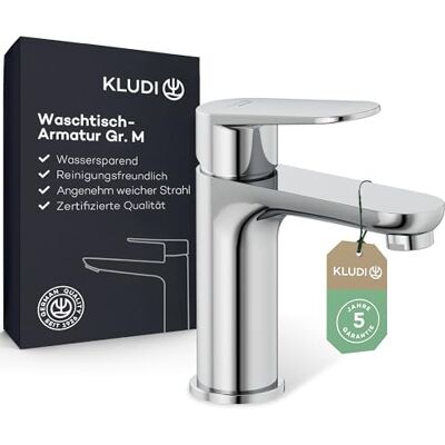 Kludi X1 rubinetto per lavabo, altezza erogatore 95 mm, rubinetto a risparmio idrico misura M, cartuccia in ceramica, miscelatore lavabo con tubi di collegamento cromati Kludi X1 rubinetto per lavabo, altezza erogatore 95 mm, rubinetto a risparmio idrico misura M, cartuccia in ceramica, miscelatore lavabo con tubi di collegamento cromati