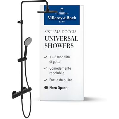 Villeroy & Boch Universal Showers sistema doccia, set doccia con supporto doccetta regolabile, doccia a pioggia e termostato, doccetta con 3 tipologie di getto, soffione rotondo, nero opaco Villeroy & Boch Universal Showers sistema doccia, set doccia con supporto doccetta regolabile, doccia a pioggia e termostato, doccetta con 3 tipologie di getto, soffione rotondo, nero opaco