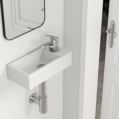 EMKE Lavandino – Mini lavabo sospeso per bagno & WC ospiti – 40 × 20 × 10 cm – Lavabo in ceramica di alta qualità – rettangolare rubinetto foro destro – bianco EMKE Lavandino – Mini lavabo sospeso per bagno & WC ospiti – 40 × 20 × 10 cm – Lavabo in ceramica di alta qualità – rettangolare rubinetto foro destro – bianco