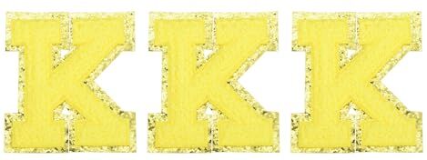 QUARKZMAN Lettere Ciniglia x Toppe Grandi Dimensioni 3,15"x2,76" Forma K Lettere x Toppe Termoadesive Toppe Ricamate Scintillio Dorati per Abbigliamento Scarpe Cappello Zaino 3pz(Giallo)