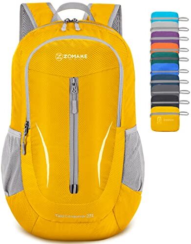 ZOMAKE Zaino Pieghevole Ultraleggero Zaini Ripiegabile Zainetto Piccolo 25L,Packable Backpack Da Trekking Per Donna Uomo Viaggio Campeggio Città Sportivo(Giallo)