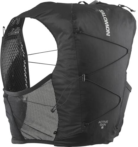 Salomon Active Skin 8 No Flasks Gilet Unisex da Corsa, Facilità di Idratazione Trail Running Escursionismo MTB, Fit preciso, Tasche e scomparti ottimizzati, Nero, L