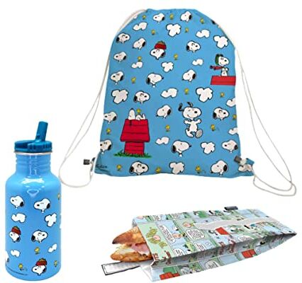 NERTHUS Set Zaino + Borsa Spuntino + Bottiglia Alluminio Snoopy