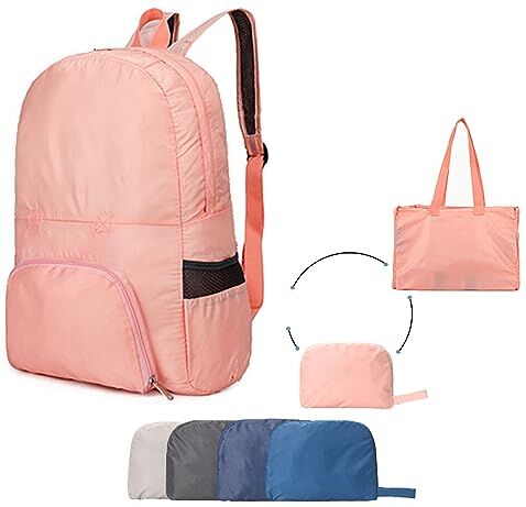 Uktunu Zaino Pieghevole Ultraleggero 3 IN 1 Zaini Ripiegabile Zainetto Piccolo Impermeabile Leggero Trekking Pieghevole Da Campeggio per Uomini, Donne, Bambini, Rosa Chiaro