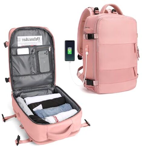 SZLX Zaino viaggio grande da donna, escursionismo sportivo, da esterno, impermeabile, da scuola, casual laptop da 14 pollici con porta di ricarica USB scomparto per scarpe Rosa