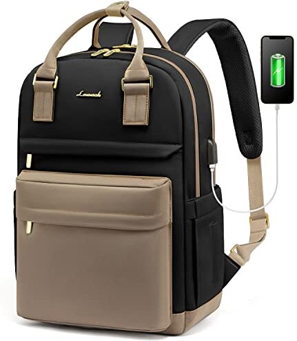 LOVEVOOK Zaino Porta PC Donna, 15,6 Pollici Impermeabile Computer Backpack Antifurto con Porta USB e Scomparto per Laptop per Scuola Università Viaggi Lavoro Aereo Ufficio, Cachi Nero