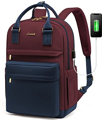 LOVEVOOK Zaino Porta PC Donna, 15,6 Pollici Impermeabile Computer Backpack Antifurto con Porta USB e Scomparto per Laptop per Scuola Università Viaggi Lavoro Aereo Ufficio, Blu Navy Rosso Scuro