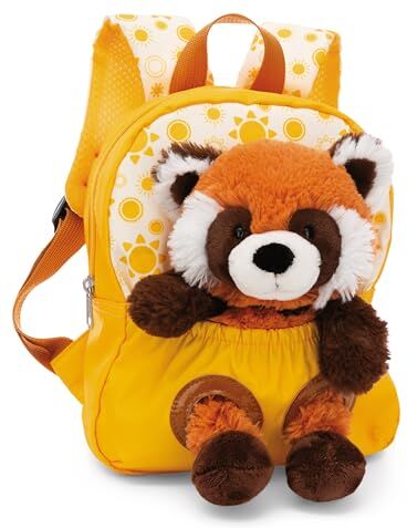 NICI Zaino 21x26cm giallo con peluche di panda rosso 25cm Zainetto per la scuola materna con peluchetto rimovibile, morbido e soffice, per bambini di 2-5 anni, maschi e femmine