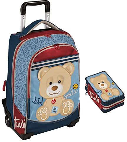 FCP Trolley Zaino Scuola Trudi Peluche Cucciolo Orso Arancione Blu + Astuccio 3 piani + omaggio 7 penne + portachiave paillettes