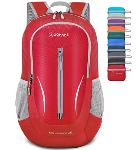 ZOMAKE Zaino Pieghevole Ultraleggero Zaini Ripiegabile Zainetto Piccolo 25L,Packable Backpack Da Trekking Per Donna Uomo Viaggio Campeggio Città Sportivo(Rosso)