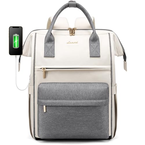 LOVEVOOK Zaino Porta PC Donna, Zaino da Viaggio Lavoro Grande, Impermeabile Zaino Scuola Università, 15.6 Pollici Computer Laptop Travel Backpack Waterproof, Zaino Ufficio Antifurto Elegante Beige