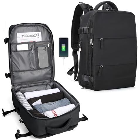 SZLX Zaino da viaggio grande da donna da escursionismo sportivo da esterno impermeabile da scuola casual laptop da 14 pollici con porta di ricarica USB scomparto per scarpe Nero