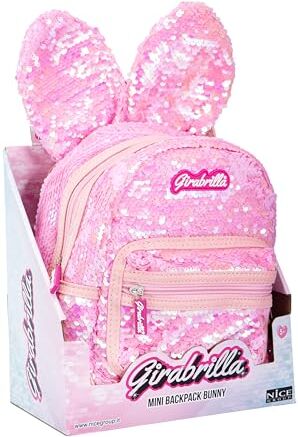 Girabrilla Bunny Backpack Pink, Zainetto Coniglio Rosa con Paillettes