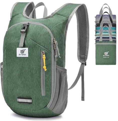 SKYSPER Zaino Pieghevole 10L, Zainetto Ultra Leggero Richiudibile Zaino Hiking Salvaspazio per Trekking Viaggi Brevi Escursioni Ciclismo, Ishe10ii-Verde