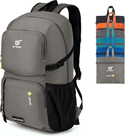 SKYSPER Zaino Ultraleggero Pieghevole, Zaino Ripiegabile 30L Resistente all'Acqua con Strisce Riflettenti Zaino da Trekking per Hiking Escursione Viaggio Uomo Donna, Grigio chiaro