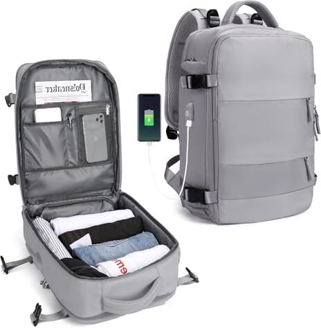 SZLX Zaino da viaggio grande da donna, sportivo da esterno, impermeabile, da scuola, casual, per laptop da 15,6 pollici con porta di ricarica USB e scomparto per scarpe Grigio