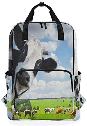 Kcldeci Mucca guardare fotocamera zaino impermeabile borsa a tracolla borsa libreria verde rurale prato borsa casual giorno pack all'aperto viaggio sport borse per donne uomini