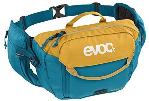 EVOC HIP PACK 3l Hip Bag Waist Bag incl. vescica di idratazione da 1,5l (capacità 3l, AIRFLOW CONTACT SYSTEM, sistema VENTI FLAP, vescica di idratazione inclusa), Clay Yellow/Ocean