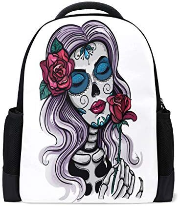 Kcldeci Colore Teschio Donna Viaggio Laptop Zaino Scuola Libro Borsa Rosso Rosa Giorno Di Dead Causale Daypack Outdoor Business Escursionismo Zaini Campeggio Borse A Spalla Per Studenti Donne Uomini