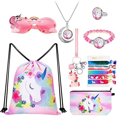 Hifot Borsa Unicorno Bambina, Unicorno Regali per Ragazze, Coulisse Zaino e Unicorno Borsa per Trucco, Festa Collana Anello Braccialetto Pendente, Occhiali da Sole, Fascette per Capelli