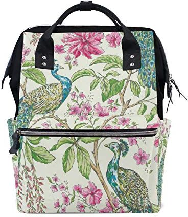 FANTAZIO Mummia Bag Zaino Hibiscus Bianco Pavone Motivo Floreale Borsa Scuola