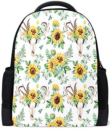 Kcldeci Girasoli Teschio Corna Viaggio Portatile Zaino Scuola Libro Borsa Verde Foglie Piume Causale Zaino Outdoor Business Escursionismo Zaini Campeggio Borse A Spalla Per Studenti Donne Uomini