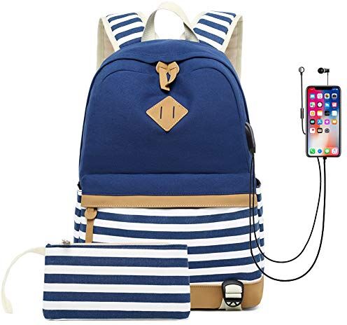 Youran Zaino Scolastico in Due Pezzi Tela a Righe Casual Scuola Campus College Zaino da Viaggio Daypack Borsa con Porta USB di Ricarica Cuffie Adatto per Laptop da 15,6 Pollici Unisex Blu