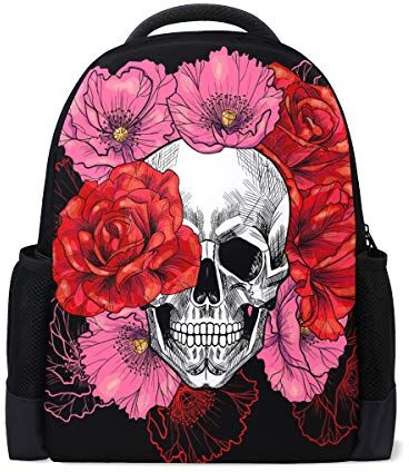 Wamika Skull Roses Papavero Viaggio Laptop Zaino Scuola Libro Borsa Rosso Fiore Giorno Del Dead Causal Daypack Outdoor Business Escursionismo Zaini Campeggio Borse A Spalla Per Studenti Donne Uomini