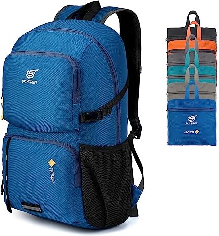 SKYSPER Zaino Ultraleggero Pieghevole, Zaino Ripiegabile 30L Resistente all'Acqua con Strisce Riflettenti Zaino da Trekking per Hiking Escursione Viaggio Uomo Donna, Zaffiro