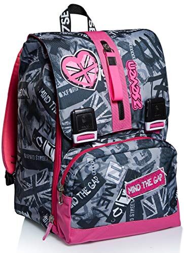 Seven Zaino Scuola Triplicabile, Rosa Grigio, Keep Flag, Zaino Doppio Scomparto Estensibile con Tasca Esterna Richiudibile, Scuola, Bambina