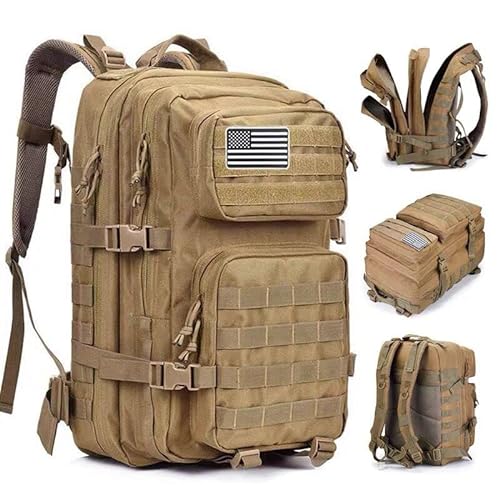 Oreunik Grande Zaino di Assalto Militare 45L Tattico, molle, per Viaggio, Scuola, All'aperto, Trekking, Pesca, Palestra,Campeggio, Montagna, Impermeabile, Caccia (khaki), Uomo Donna