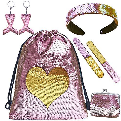 HTBAKOI Zainetto Paillettes Reversibili Bambina, Borsa Zaino Bimba con Paillettes Sacca Borsetta Ragazza con Bracciali, Borse, Portachiavi e Fascia per Capelli Zainetti Regalo Bambina 7 8 9 10 anni Rosa