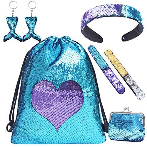 HTBAKOI Zainetto Paillettes Reversibili Bambina, Borsa Zaino Bimba con Paillettes Sacca Borsetta Ragazza con Bracciali, Borse, Portachiavi e Fascia Zainetti Regalo Bambina 7 8 9 10 Anni