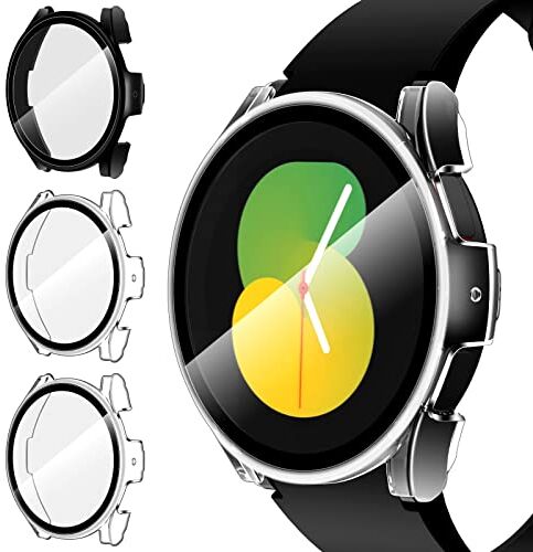 iVoler 3 Pezzi Cover con Vetro Temperato per Samsung Galaxy Watch 5 40mm / Watch 4 40mm, Copertura Completa Custodia Rigida PC, HD Clear Pellicola Protettiva Anti-Graffio Case, 2 Trasparente + 1 Nero