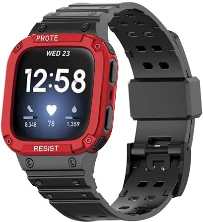 MiRUSI Compatibile con Fitbit Versa 4/3/2/1/Versa Lite/Sense 2/Fitbit Sense Watch Bands, robusti braccialetti sportivi di protezione (Nero&Rosso)