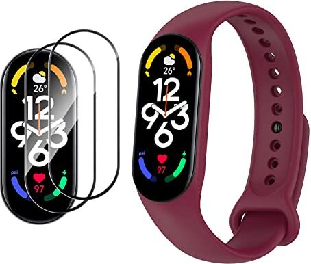 GIOPUEY Cinturini Compatibile con Xiaomi Mi Band 7, Morbido silicone Cinturino + 2 Pezzi Pellicola Protettiva, [Resistente All'usura] [Traspirante] wine red