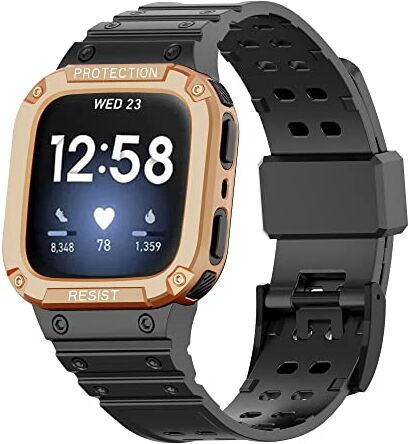 MiRUSI Compatibile con Fitbit Versa 4/3/2/1/Versa Lite/Sense 2/Fitbit Sense Watch Bands, robusti braccialetti sportivi di protezione (Nero&Oro)