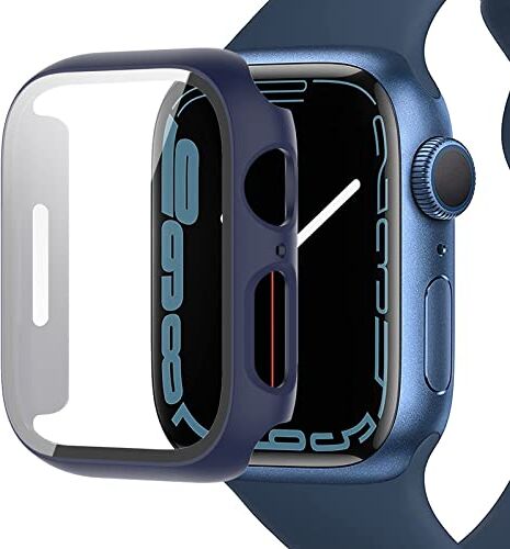 Miimall Custodia compatibile con Apple Watch Series 8/Series 7 41 mm 45 mm Vetro Temperato Protezione Dello Schermo Antiurto Hard PC Bumper Shell Protettivo All-Around Cover per Apple Watch 45 mm-Blu