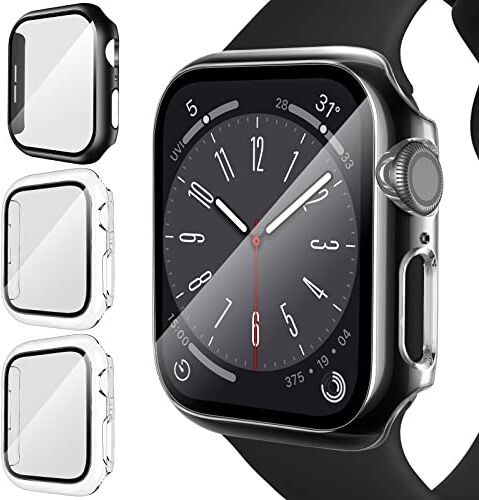 iVoler 3 Pezzi Cover con Vetro Temperato per Apple Watch 45mm Series 9/8 / 7, Copertura Completa Custodia Rigida PC, HD Clear Pellicola Protettiva Anti-Graffio Case, 2 Trasparente + 1 Nero