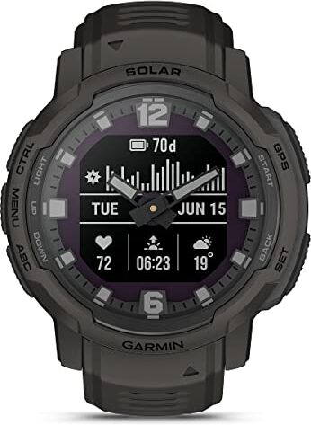 Garmin Instinct Crossover Solar, Smartwatch ibrido, 45mm, Ricarica solare, Rugged design e Lancette Super-Luminova, Autonomia 70 giorni, +30 Sport, GPS, Cardio, SpO2, Activity Tracker (Graphite)