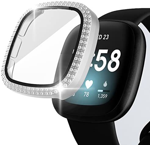 Miimall Compatibile con Fitbit Versa 3 / Sense con pellicola protettiva in vetro temperato, strass e brillantini, antigraffio, protezione per schermo per Fitbit Versa 3/Sense – argento