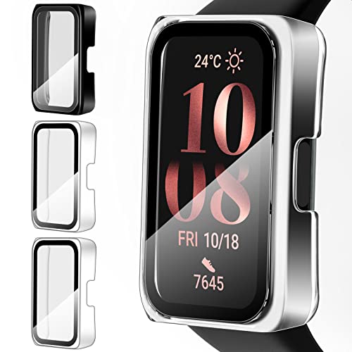 iVoler 3 Pezzi Cover con Vetro Temperato per Honor Band 7 / Band 6 / Huawei Band 7/6, Copertura Completa Custodia Rigida PC, HD Clear Pellicola Protettiva Anti-Graffio Case, 2 Trasparente + 1 Nero